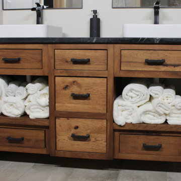 Spacious vanity with a separate makeup vanity