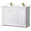 Avery 48" Double Vanity, White, Carrara Cultured Marble Top, Gold Trim