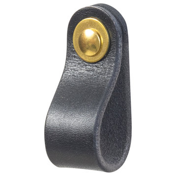 Leather Drawer Pull, The Hawthorne, Black, Small, Brass