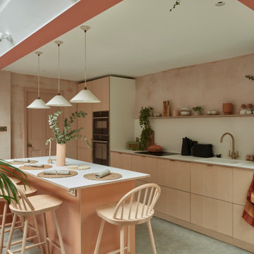 Formica Earthenware with ash veneered birch ply and brass handles