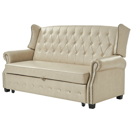 Vegan Leather High Back Chesterfield Sleeper Sofa, Beige