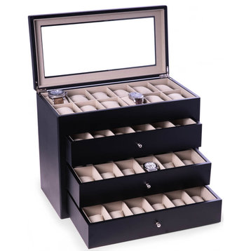 Matte Black Wood 48 Watch Box, Glass Top and Drawer, Velour Lining and Pillows