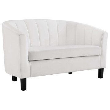 Contemporary Loveseat, Velvet Upholstery & Curved Channel Tufted Back, White