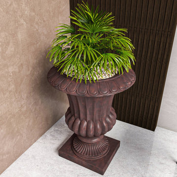 Lotus Urn Planter, Fiberglass and Clay With Drainage Holes, Brown