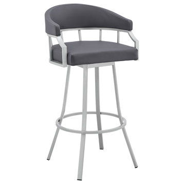 Valerie Swivel Brown Faux Leather and Java Brown Metal Bar Stool, Gray/Silver, Bar Height
