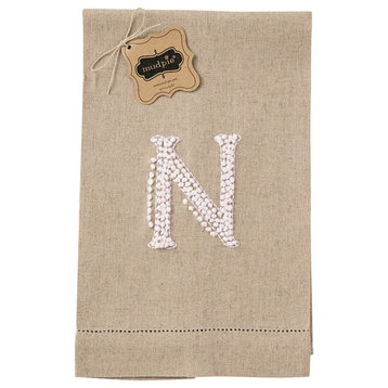 Mud Pie Initial N Monogram Hand Tied French Knot Linen Guest Towel 21 Inch