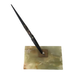 Art Deco Bronze and Green Marble Pen Holder by Parker Pen - Desk Accessories