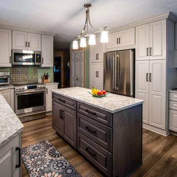 Two Tone Kitchen with Irish Creme Cabinets and Rustic Dockside Island