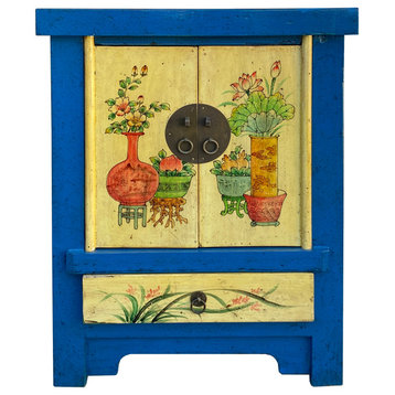 Chinese Rustic Bright Blue Yellow Graphic End Table Nightstand Hcs7421