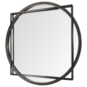 HomeRoots 46" Round-Square Black Wood and Metal Frame Wall Mirror