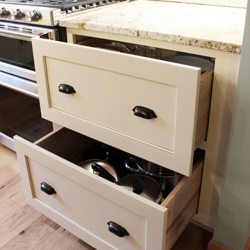 Log Cabin Rustic White Kitchen Cabinets with Granite and Wood Countertops