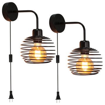 2 Pack Plug, Wall Sconce Rust Industrial Cage Wall Lamp