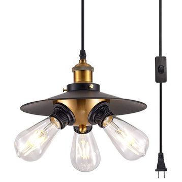 3-Light Hanging Lamp With Plug In Cord Industrial Black Swag Hanging Lamps