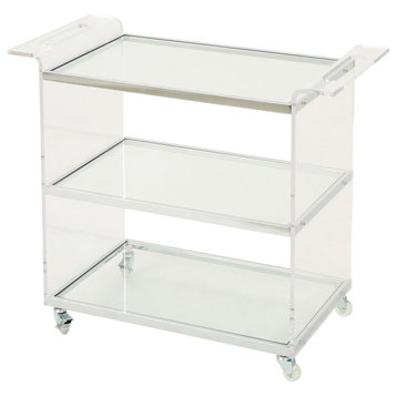 GDF Studio Eve Acrylic Bar Trolley With Glass Shelves, Clear