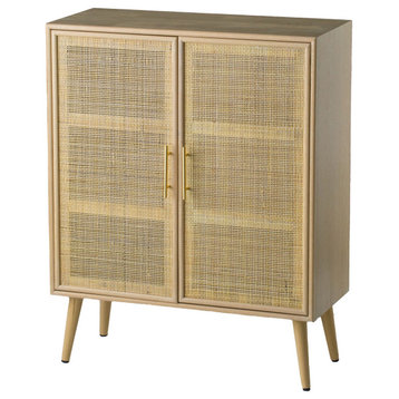 Benzara BM285261 Storage Cabinet, Wood Frame, 2 Shelves, 2 Rattan Doors, Brown