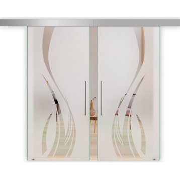 Double Sliding Glass Barn Door With Frosted Design ALU100, Semi-Private, 2x36"x84" (68"x84")