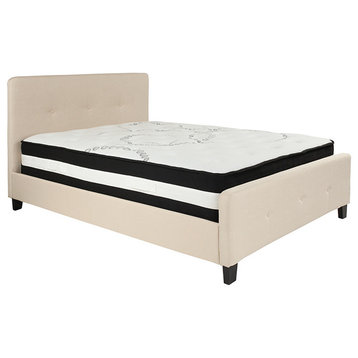 Full Size Tufted Platform Bed, Beige With Pocket Spring Mattress