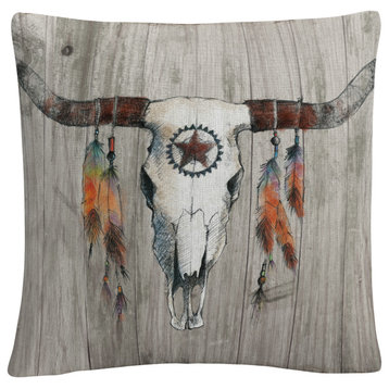 Avery Tillmon 'Longhorn on Dark Gray Wood' Decorative Throw Pillow