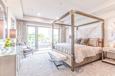Example of a huge transitional master carpeted and gray floor bedroom design in Dallas with gray walls