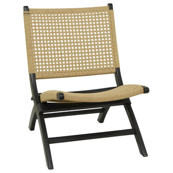 Contemporary Folding Accent Chair, Slanted Wood Frame and Woven Seat, Black