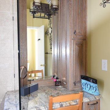 Custom Makeup Vanity shares shower wall
