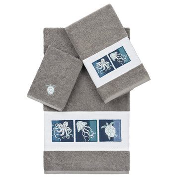 100% Turkish Cotton Ava 3-Piece Embellished Towel Set, Dark Gray