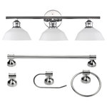 Globe Electric - Johnson 5-Piece Chrome Bathroom Set With 3-Light Vanity Light - With simple lines paired with costal accents and a polished chrome finish the Johnson 5-Piece Bathroom Set adds a modern coastal element to any space. The opal glass shades of the vanity light fixture diffuse the light just perfectly so you have a wonderful spread of light without it being pointed. Update and modernize your bathroom or add the 3-light vanity to your bedroom to create a nice little getting ready nook. Complete with a towel bar, towel ring, robe hook, and toilet paper holder also in chrome, your bathroom will look streamline and welcoming. While the pieces complement each other you can split this set up and use it throughout your home. The towel bar makes an excellent shoe holder. The towel ring would be great in your kitchen. The vanity light would work in your bedroom. Think outside the box!