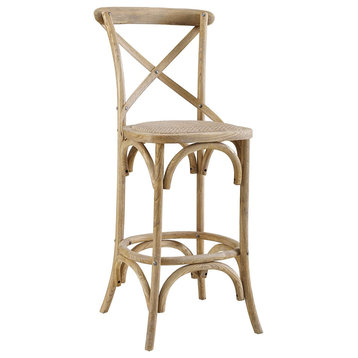 French Country Counter Stool, Wooden Frame With Curved Accents and X-Shaped Back