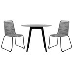 Armen Living - Sydney and Shasta 3 Piece Outdoor Patio 36" Dining Set Back Wood and Gray Rope - The Sydney and Shasta 3 Piece Outdoor Patio Dining Set elevates your outdoor space with a touch of modern flair. The mixed materials work well together and create a fun and cohesive dining set for your front porch, back yard, pool side space, or patio. Constructed from eucalyptus wood and a grey super stone top, the 36-inch round dining table is a modern addition that easily fits into any space. This patio dining table features sleek tapered wood legs that allow for ample leg room. One of the best reasons to choose Eucalyptus wood for your outdoor furniture or four-seasons porch is that it is exceptionally resistant to decay and rot. It naturally resists the influence of moisture because of the high oil content it naturally contains. That means it can get damp without you worrying about whether damage will occur. It can withstand several different outdoor elements while lasting for many years if it receives proper care. Defined by functional simplicity and timeless beauty, the dining table delivers a harmony of natural textures to complement any outdoor space. The stone top features a 5-layer composite with 2 layers of cement fiberboard surrounding the aluminum honeycomb core. This beautiful tabletop is durable and robust - capable of withstanding inclement weather and everyday wear and tear. The intricately woven rope featured on the durable metal frame of the Shasta dining chairs form to offer you extreme comfort and relaxation. These outdoor chairs are wrapped in resilient regatta rope cording, providing supple support while still allowing for element passthrough - also enhancing your seating experience with a softness that rivals most fabrics. Each chair is made with the best craftsmanship, with these chairs standing on top of durable metal legs in a black finish for a modern look. For use indoors and out, the soft UV coated nylon cords are hand dyed resulting in subtle tonal variations. The Sydney and Shasta dining set is available in a black eucalyptus finish on the table with a 36 inch round grey stone top, the Shasta dining chairs feature a black metal base with your choice of grey, black, brick red, wasabi, or tangerine rope.