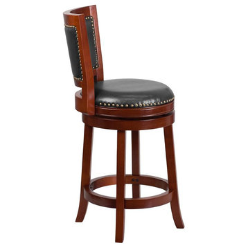 26" High Dark Cherry Wood Counter H Stool With Walnut Leather Swivel Seat