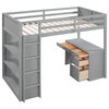 Gewnee Twin Size Wood Loft Bed with Ladder, Shelves and Desk in Gray