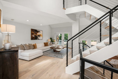 Living room - modern formal and enclosed light wood floor living room idea in DC Metro with white walls
