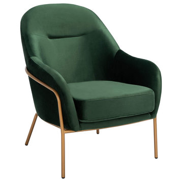 Contemporary Accent Chair, Golden Legs With Velvet Upholstered Seat, Green/Gold