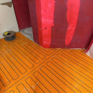 Curd-less walk-in shower; heated floors in bathroom + shower+bench LED