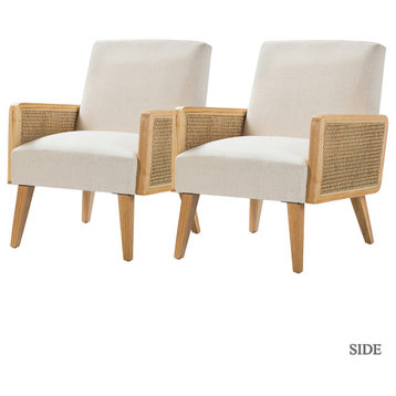 Cane Accent Chair With Rattan Arms Set of 2, Linen