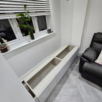 Modern Floor TV Set with Adjacent Puja Unit in London | Inspired Elements