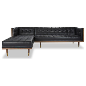 Woodrow Modern Box Sofa Sectional, Black/Walnut, Left Facing