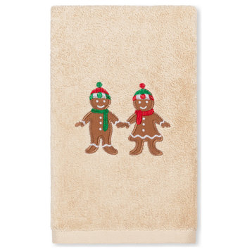 Christmas Gingerbread, Embroidered Luxuryturkish Cotton Hand Towel, Sand
