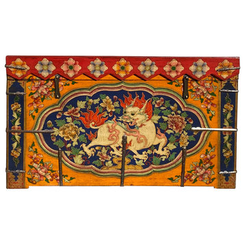 Chinese Tibetan Floral Orange Red Foo Dog Wood Trunk Bench Table Hcs7168