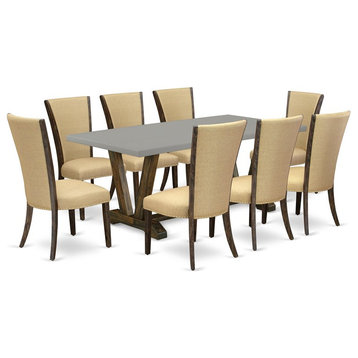 East West Furniture V-Style 9-piece Wood Dining Set in Jacobean Brown and Cement