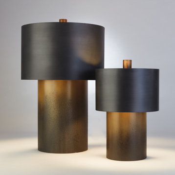Tall Modern Brass Bronze Table Lamp  Drum Round Metal Shade Midcentury 27"