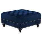 Meridian Furniture - Sabrina Velvet Upholstered Ottoman, Navy - Take a load off when you prop your feet up on this Sabrina navy velvet ottoman. This sumptuously elegant ottoman serves not only as a luxurious foot rest, but doubles as a seat when you have extra company over. The navy velvet upholstery is rich and chic, and the addition of nail head trim adds to its sophisticated feel. Wooden legs with a turned design provide sturdy support for the unit, ensuring its long-lasting beauty and performance. Buy it on its own or as part of the Sabrina collection for a beautiful, cohesive look.