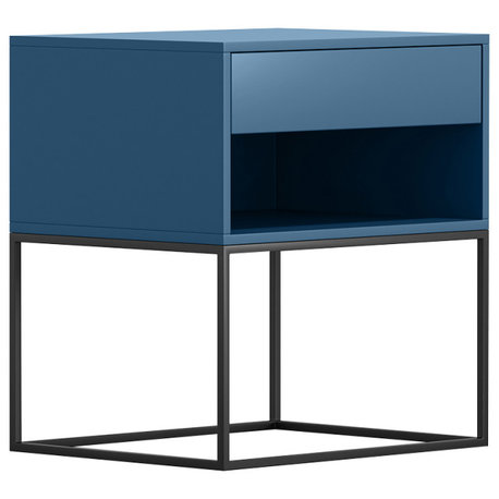 Bedroom Nightstand with Drawer Bedside Table Metal Base, Blue