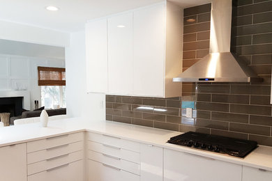 Large trendy u-shaped open concept kitchen photo in Denver with flat-panel cabinets, brown backsplash and an island
