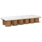 Meridian Furniture - Pavilion Black Boucle Fabric Bench, Cream, Walnut Brown Finish, 93" W X 36" D X 17.5" H - Bring valuable seating and remarkable style to your space with this cream Pavilion boucle fabric bench, an exquisite balance of style and usability for the entryway, bedroom, and beyond. Crafted from oak veneer with a walnut brown finish, this bench has a 4-inch-thick seat cushion that's channel-tufted for a touch of luxury. The bench's columnar bases add a dash of art deco design, making it a captivating focal point in any room.