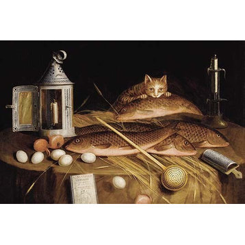Kitchen Still Life with Fish and Cat- Paper Poster 12" x 18"