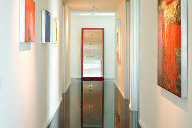 Inspiration for a contemporary hallway in Miami with white walls and black floor.