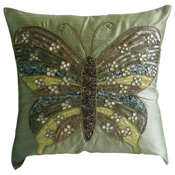 Butterfly Theme 16"x16" Art Silk Olive Green Pillow Cases, Butterfly Envy