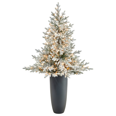 5' Flocked Fraser Fir Faux Xmas Tree W/Lights & Bendable Branches, Gray Planter