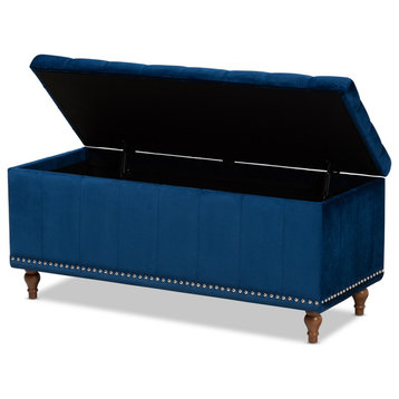 Modern Navy Blue Velvet Fabric Upholstered Button-Tufted Storage Ottoman Bench
